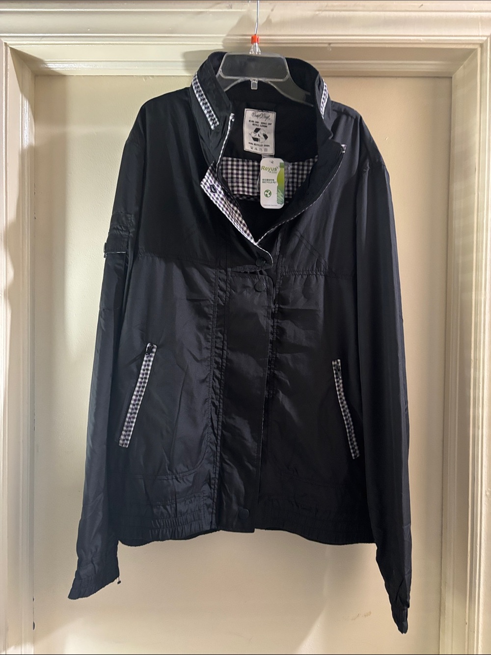 Black Bomber Jacket with Gingham Trim - Women's Lightweight Coat
